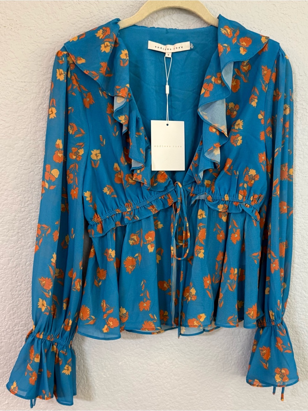 Endless Rose NWT Blue Orange Floral Ruffle Peplum Blouse S